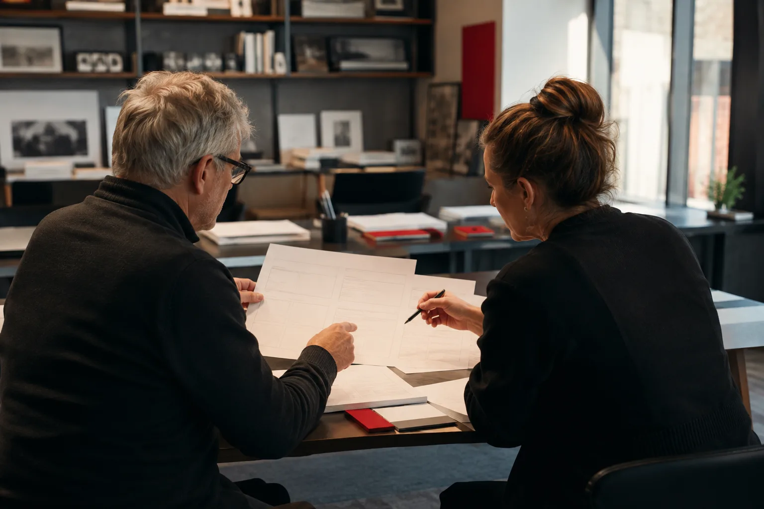 Two senior communications professionals collaborating over editorial plans in a quiet office