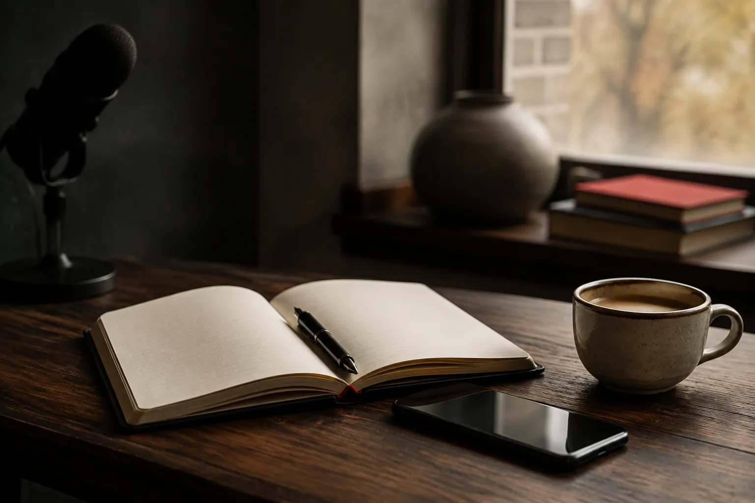 A phone, open notebook, and pen arranged for a private conversation in a quiet office