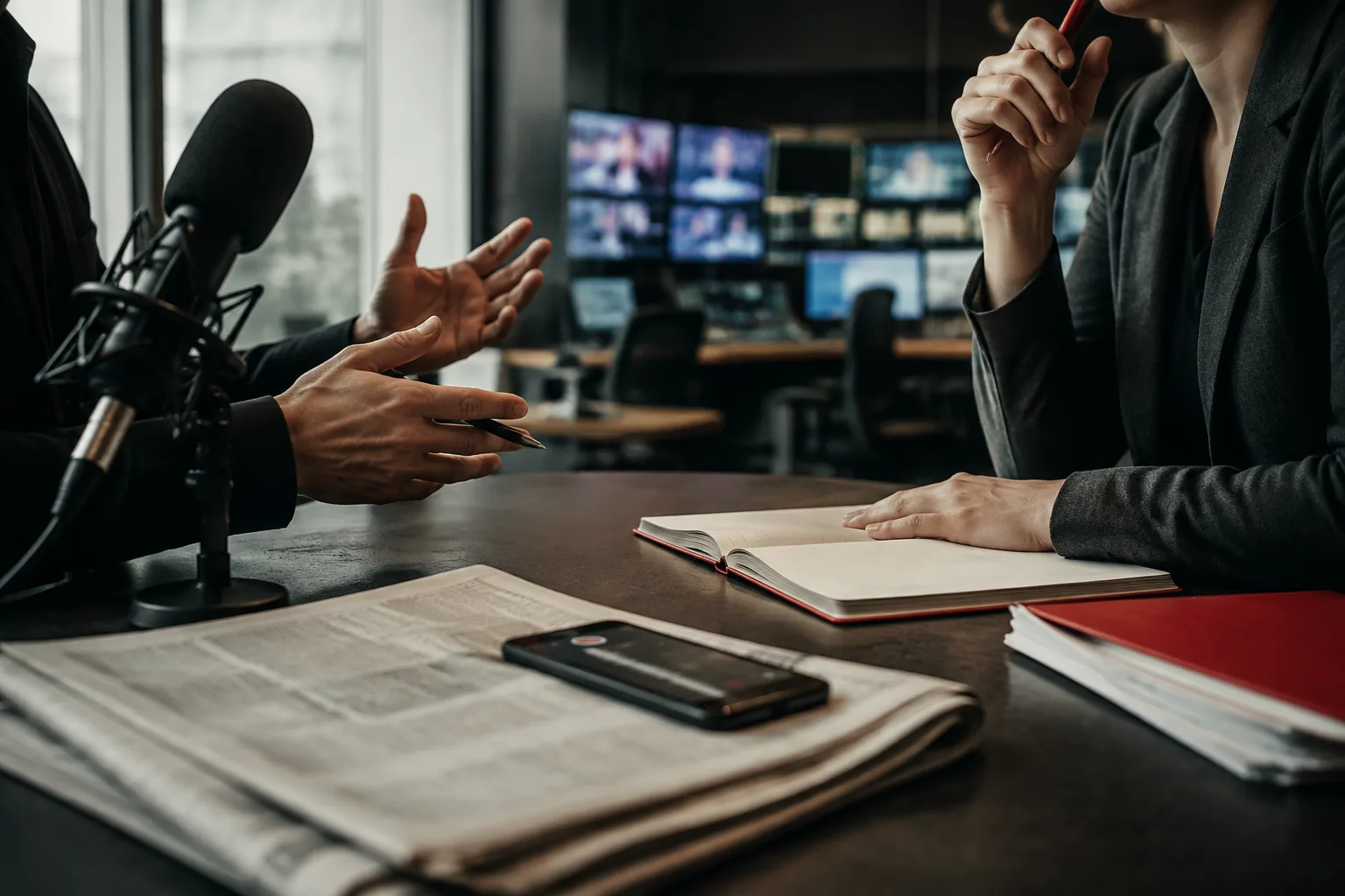 A media strategist and interviewer in conversation beside a broadcast microphone and reporter's notebook