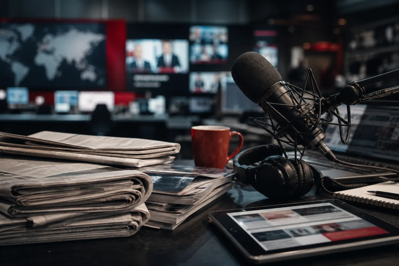 Print, broadcast, radio, and digital reporting tools gathered on a working newsroom desk