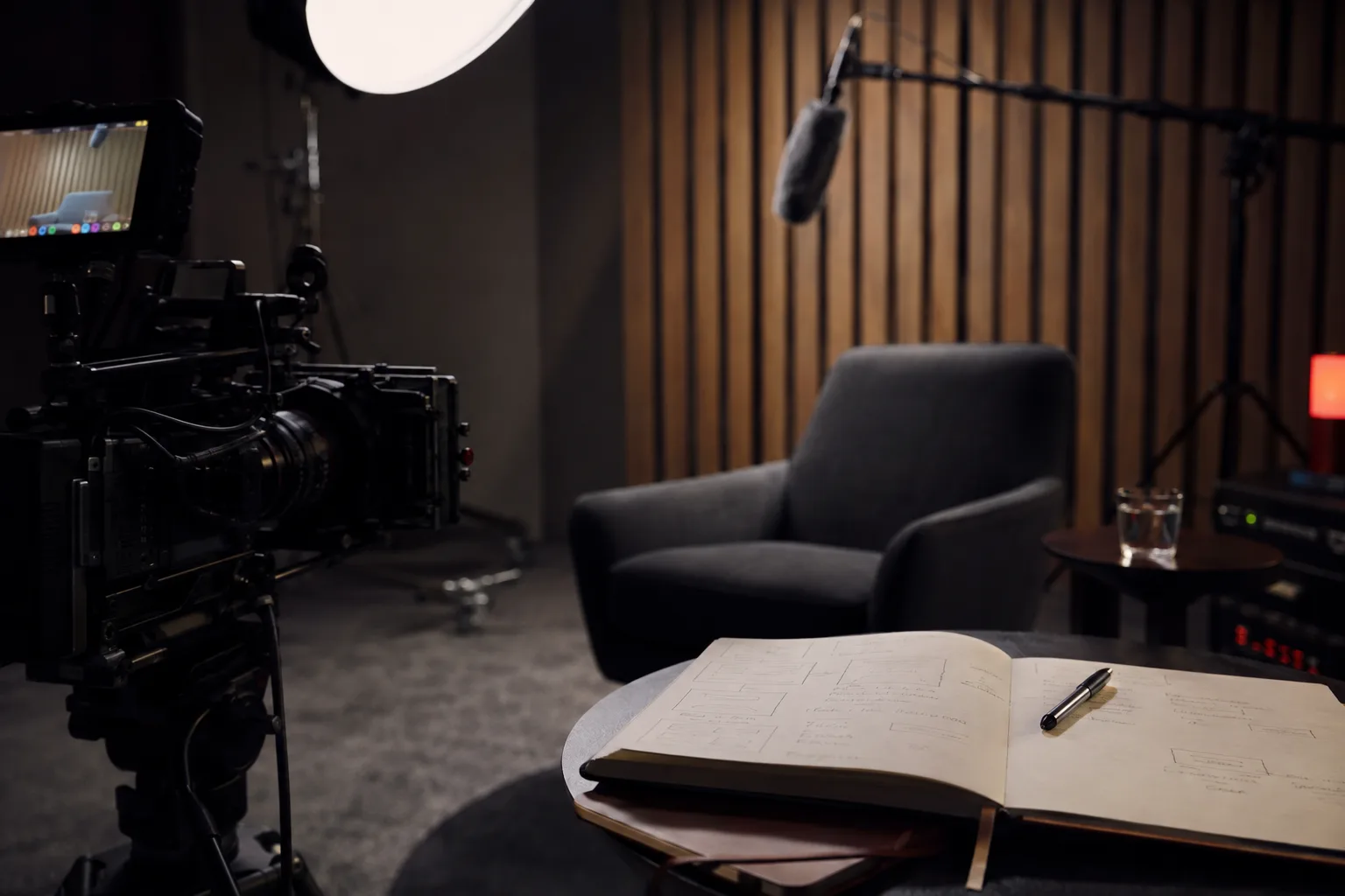 A broadcast camera, interview chair, and notebook prepared in a professional media studio